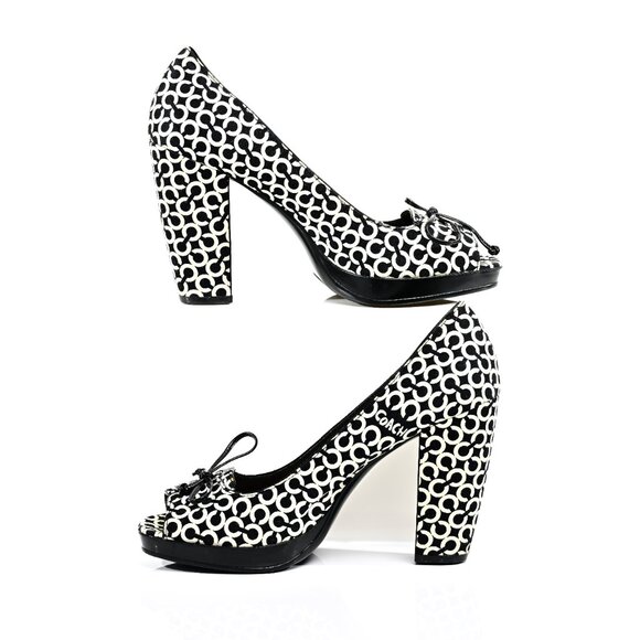 Coach Corey Monogram Black and White Logo Print Peep Toe Pumps - Picture 2 of 7
